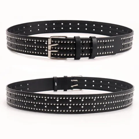 Damen Punk Stil Nietengürtel Vintage Geschnitzte Legierungsschnalle Fünfzackiger Stern Hohl PU Leder Taillengürtel Für Jeans Streetwear
