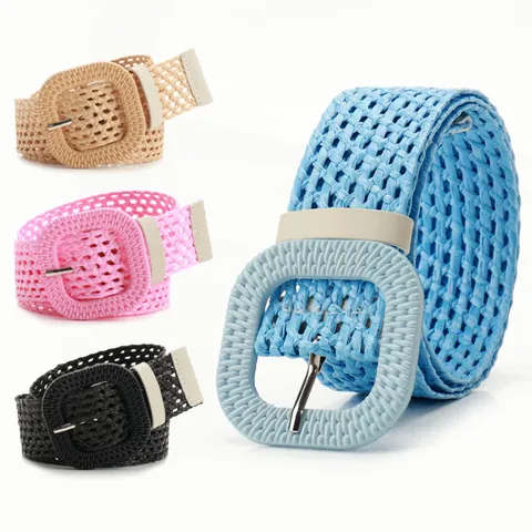 Ceinture Tissée en Paille PP Été Femme Mode Boucle Carrée Bande de Taille Accessoire Style Bohémien pour Robes