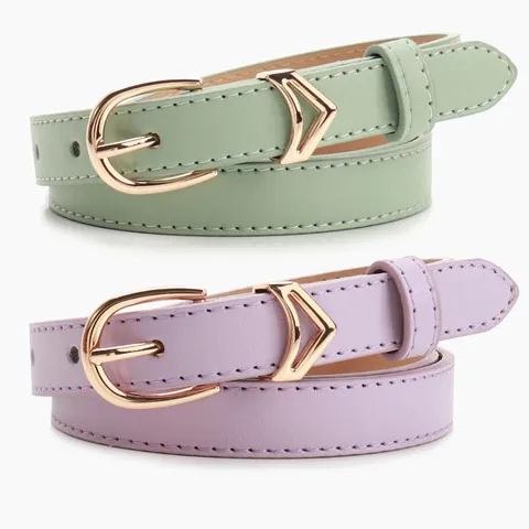 Women Fashion Casual PU Leather Thin Belt With Gold Alloy Pin Buckle V-Shape Metal Loop Korean Candy Color Waist Belt For Dresses Jeans
