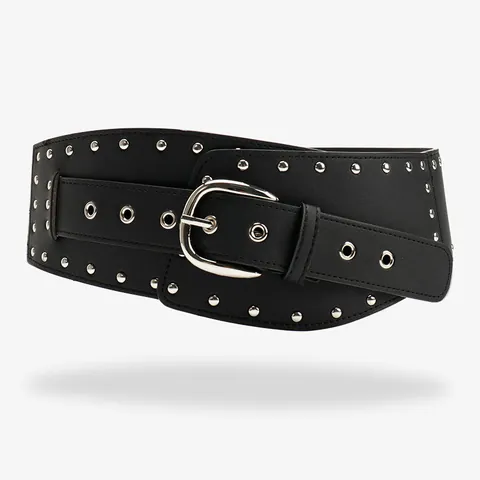 Vintage Irregular Wide Belt For Women Punk Rivet Grommet Faux Leather Waist Cinch With Alloy Buckle Decorative Jeans Strap