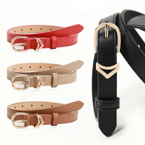 Women Fashion Casual PU Leather Thin Belt With Gold Alloy Pin Buckle V-Shape Metal Loop Korean Candy Color Waist Belt For Dresses Jeans