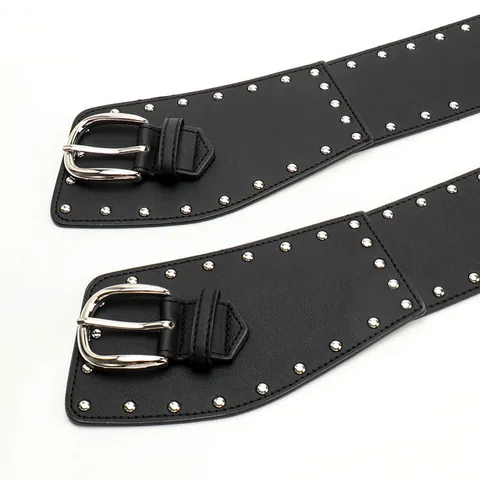 Vintage Irregular Wide Belt For Women Punk Rivet Grommet Faux Leather Waist Cinch With Alloy Buckle Decorative Jeans Strap