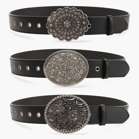 Women Vintage Bohemian Carved Belt Black PU Leather Western Cowboy Waist Belt With Rhinestone Turquoise Alloy Buckle For Jeans