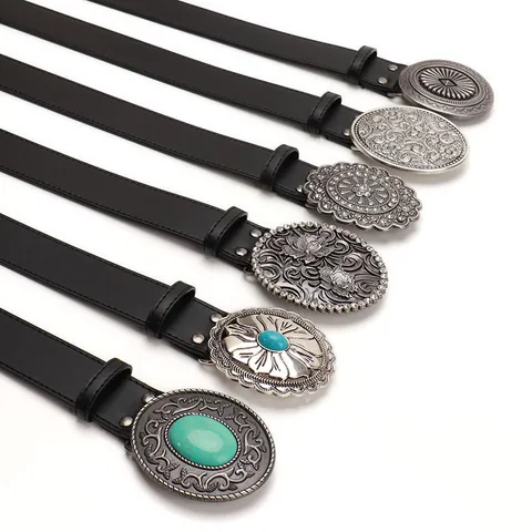 Women Vintage Bohemian Carved Belt Black PU Leather Western Cowboy Waist Belt With Rhinestone Turquoise Alloy Buckle For Jeans