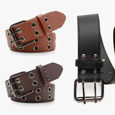 Women Men Punk Double Row Grommet Belt Faux Leather Streetwear Waistband With Double Prong Buckle For Jeans Dress Decorative Accessory