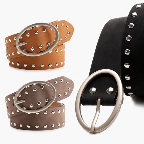 Vintage Y2K Punk PU Leather Belt For Women Double Row Rivet Waist Strap Oval Alloy Pin Buckle Fashion Jeans Accessory