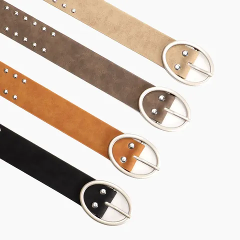 Vintage Y2K Punk PU Leather Belt For Women Double Row Rivet Waist Strap Oval Alloy Pin Buckle Fashion Jeans Accessory