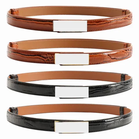 Women Fashion Thin Belt Microfiber Leather Crocodile Pattern Rhinestone Alloy Interlocking Buckle Adjustable Waistband