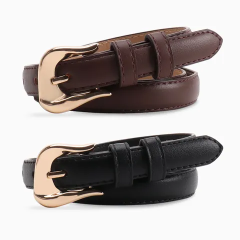Women Fashion Fine Faux Leather Belt Versatile Elegant Waistband With Gold Alloy Pin Buckle For Jeans Dresses Thin Belt Gift
