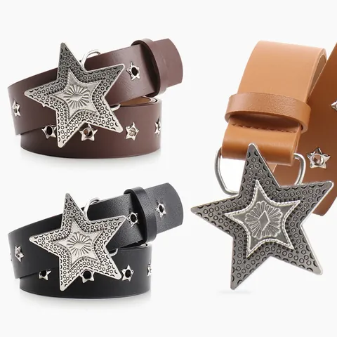 Retro Western Women Belt Large Star Alloy Buckle PU Leather Waist Belt With Star Eyelet Studs Adjustable Fashion Accessory