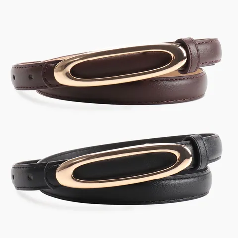 Dames Eenvoudige PU Leren Smalle Riem Met Gouden Ovalen Holle Legering Gesp Minimalistische Veelzijdige Tailleband Voor Jurken Jeans