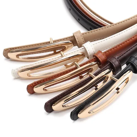 Dames Eenvoudige PU Leren Smalle Riem Met Gouden Ovalen Holle Legering Gesp Minimalistische Veelzijdige Tailleband Voor Jurken Jeans