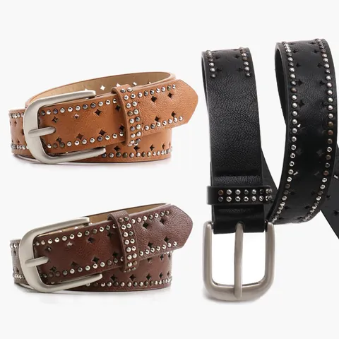 Y2K Punk PU Leather Belt For Women Double Row Rivet Star Hollow Pin Buckle Waistband For Jeans Vintage Harajuku Decorative Belt