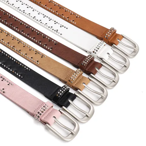 Y2K Punk PU Leather Belt For Women Double Row Rivet Star Hollow Pin Buckle Waistband For Jeans Vintage Harajuku Decorative Belt