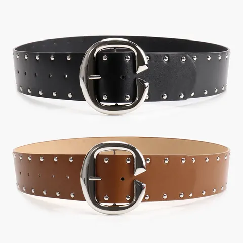 Dames Vintage Punk Riem Met Dubbele Rij Klinknagels PU Leer Grote Metalen Gesp Mode Accessoires Voor Jeans