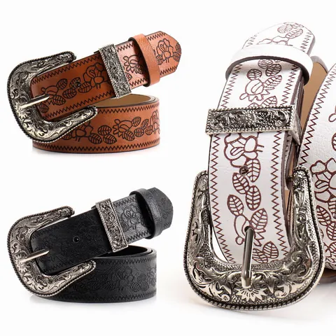 Cintura in Pelle PU Vintage Y2K con Fiori in Rilievo per Donna Cinturino retrò con Fibbia in Lega Intagliata per Jeans Abiti