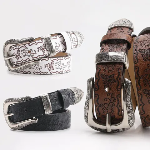 Vintage Floral Butterfly Print Women PU Leather Belt With Western Carved Zinc Alloy Buckle Ethnic Y2K Waist Belt For Jeans
