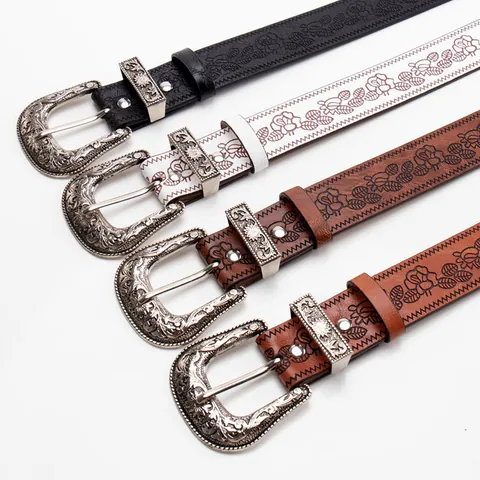 Cintura in Pelle PU Vintage Y2K con Fiori in Rilievo per Donna Cinturino retrò con Fibbia in Lega Intagliata per Jeans Abiti