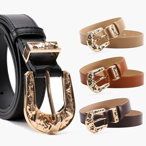 Cintura da Donna in Pregiata Pelle PU Fibbia ad Ardiglione in Lega Martellata Irregolare Vintage Elegante Cintura Decorativa