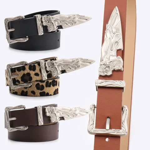 Γυναικεία Ζώνη από Δέρμα PU Retro Western Bohemian Με Σκαλιστή Αγκράφα από Κράμα Λεοπάρ Μοντέρνα Ζώνη για Τζιν