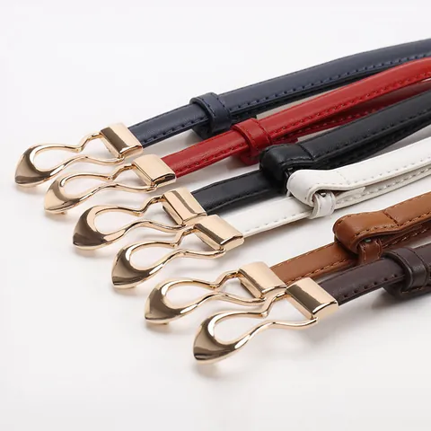 Women's Slim PU Leather Belt With Adjustable Interlocking Gold Alloy Buckle For Dresses Coat Thin Waist Belt Simple Versatile Fashion Jewelry