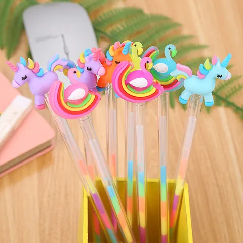 Bolígrafos de Gel de Dibujos Animados Unicornio Flamenco Arco Iris Tinta Multicolor 0,5mm Bolígrafos Roller Transparente para Estudiantes Escuela Oficina Papelería Linda