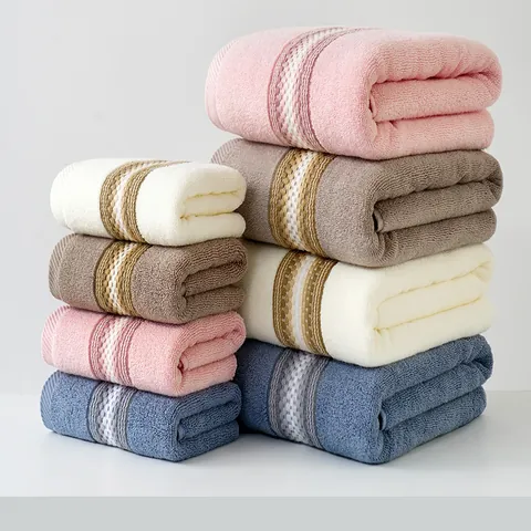 Serviettes Et Draps De Bain En Pur Coton Doux Absorbants Épaissis Motif À Rayures Jacquard Pour La Maison Salle De Bain Adultes Utilisation Quotidienne