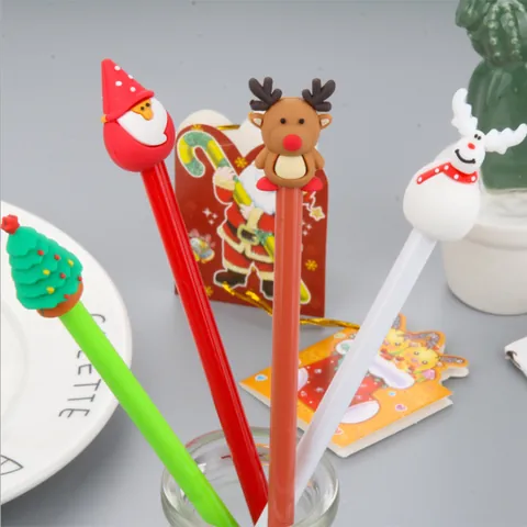 Creative Christmas Cartoon Gel Pens Silicone 3D Santa Snowman Reindeer Tree Decoration Stationery Black Ink Signature Pens Gift