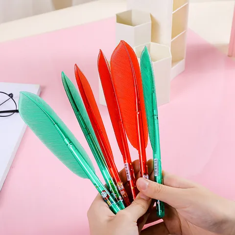 Creative Christmas Feather Shape Gel Pen Retro Red Green Plastic Writing Sign Pen For Office School Stationery Gift