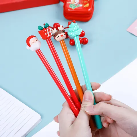 Creative Christmas Theme Gel Pen Black Ink Santa Reindeer Pine Tree Gift Box Silicone Head Student Stationery Festive Gift