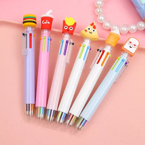 Creative Cartoon Fast Food Multicolor Ballpoint Pen Multicolor Switching Silicone Burger Fries Pizza Topper Students Stationery School Supplies