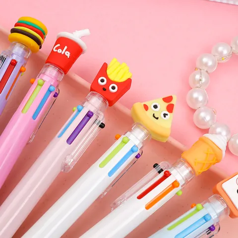 Creative Cartoon Fast Food Multicolor Ballpoint Pen Multicolor Switching Silicone Burger Fries Pizza Topper Students Stationery School Supplies