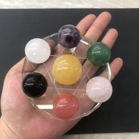 Natural Amethyst Rose Quartz Aventurine Crystal Ball Seven Star Array With Engraved Glass Base Healing Stone Desk Ornament