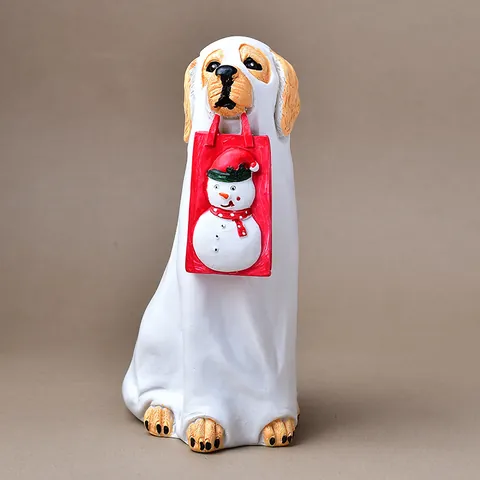 Geister Hund Figur Halloween Weihnachten Deko Bemaltes Harz Welpen Statue Mit Schneemann Roter Geschenktüte Feiertag Tischdeko