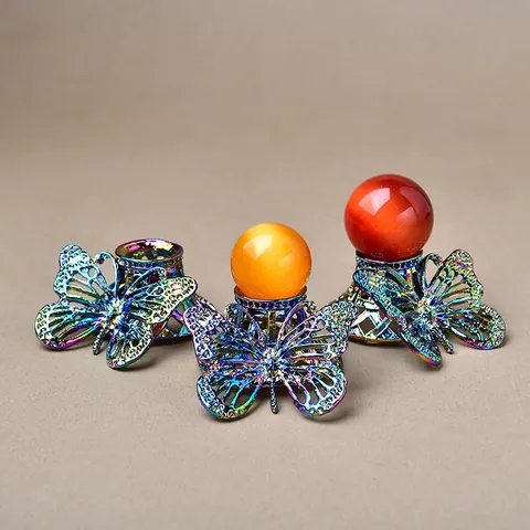Iridescent Metal Butterfly Crystal Ball Stand Holder Hollow Out Zinc Alloy Sphere Base For Home Office Desk Decor Display Gift