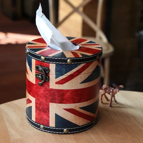 Boîte à Mouchoirs Ronde en Cuir Vintage Motif Drapeau Britannique Américain Effet Vieilli Décoration de Maison