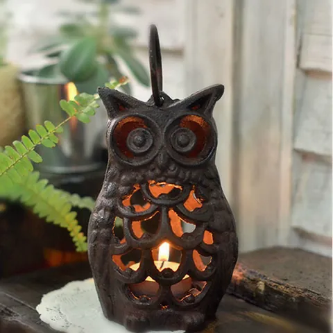 Retro Cast Iron Owl Candle Holder Vintage Hollow Out Animal Figurine Ornament For Home Garden Decor Japanese Zakka Style Brown