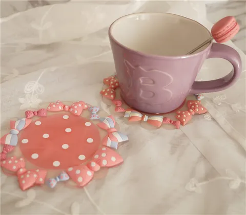 Cute Macaron PVC Coaster 3D Bowknot Polka Dot Cup Mat Heat Resistant Cartoon Strawberry Unicorn Heart Table Decoration