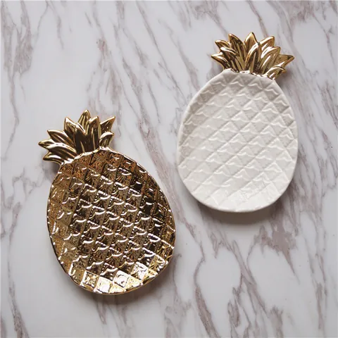 Modern Pineapple Shape Ceramic Decorative Tray Gold White Electroplated Jewelry Storage Plate Home Table Decoration Dessert Fruit Dish