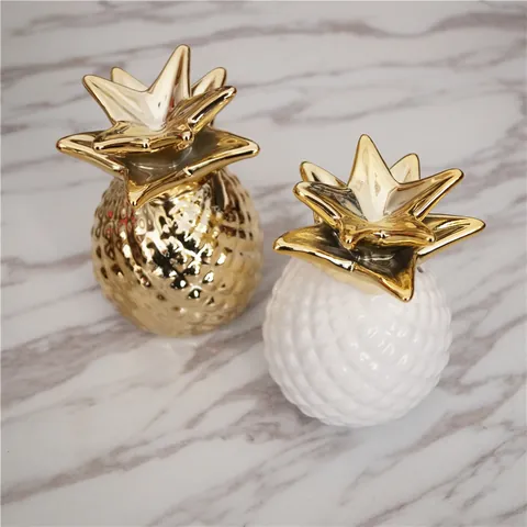 Hucha de Cerámica Moderna de Piña Oro Blanco Galvanizado Escultura de Fruta de Escritorio para Decoración de Oficina Hogar Regalo