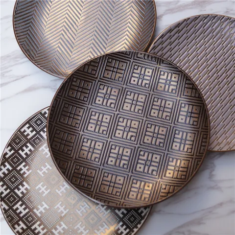 Luxury Ceramic Round Dining Plate Embossed Geometric Gold Caramel Retro Dinnerware For Home Hotel Party