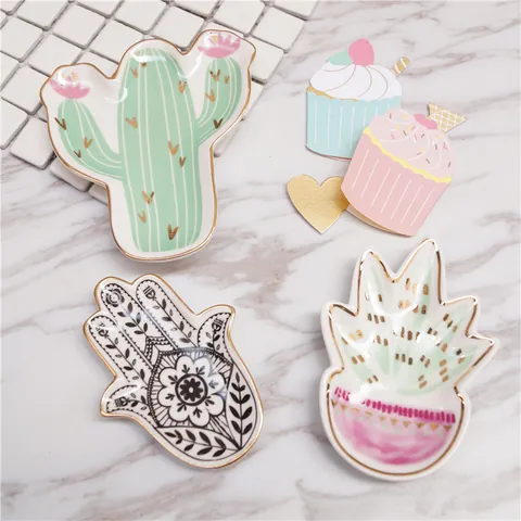 Nordic Ceramic Jewelry Tray Gold Edge Decorative Trinket Dish For Rings Earrings Storage Cactus Flamingo Hamsa Hand Heart Plate
