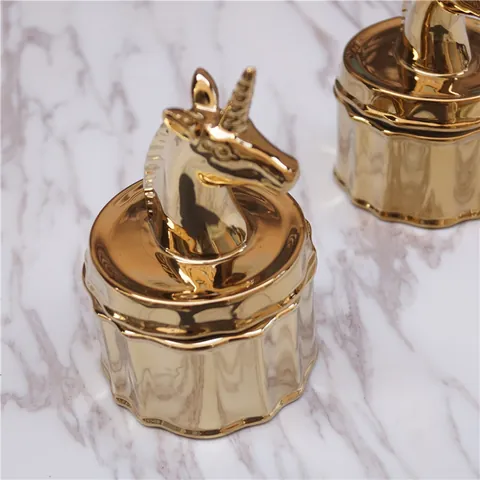 Golden Ceramic Unicorn Jewelry Box Electroplated Storage Jar Luxury Animal Figurine Desktop Decorative Ornament Home Decor Gift