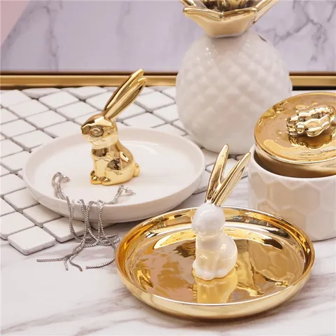Nordic Ceramic Rabbit Jewelry Tray Gold White Electroplated Animal Ring Holder Storage Display Plate Home Desktop Decor