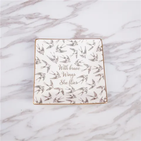 Ceramic Square Jewelry Tray Gold Rim Swallow Print With Brave Wings She Flies Motivational Decorative Storage Dish Home Decor