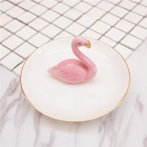 Nordische Keramik Flamingo Schmuckschale Runde 3D Tierfigur Schmuckteller Mit Goldrand Für Ringe Ohrringe Hausdekor