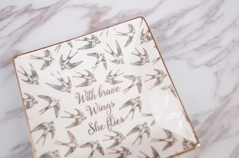 Ceramic Square Jewelry Tray Gold Rim Swallow Print With Brave Wings She Flies Motivational Decorative Storage Dish Home Decor