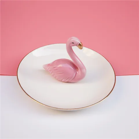 Nordische Keramik Flamingo Schmuckschale Runde 3D Tierfigur Schmuckteller Mit Goldrand Für Ringe Ohrringe Hausdekor