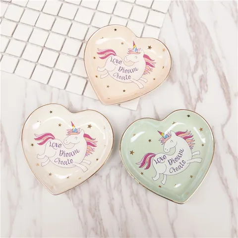 Herzförmige Keramik Schmuckschale Mit Goldrand Fantasy Einhorn Love Dream Create Dekorative Schmuckplatte Für Damen Mädchen Geschenk
