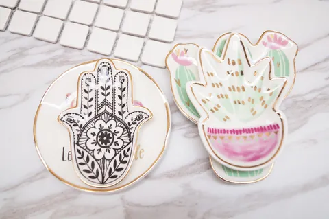 Nordic Ceramic Jewelry Tray Gold Edge Decorative Trinket Dish For Rings Earrings Storage Cactus Flamingo Hamsa Hand Heart Plate